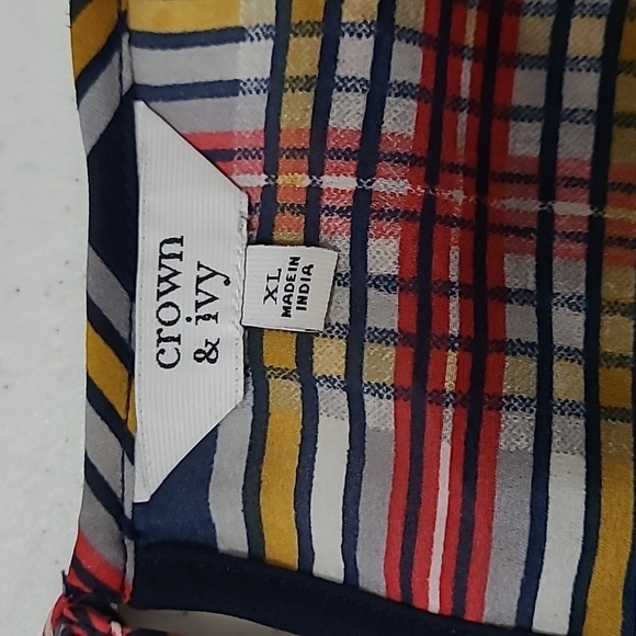 Crown & Ivy Colorful Plaid Semi Sheer Top with Ruffled neck size XL - Picture 3 of 8